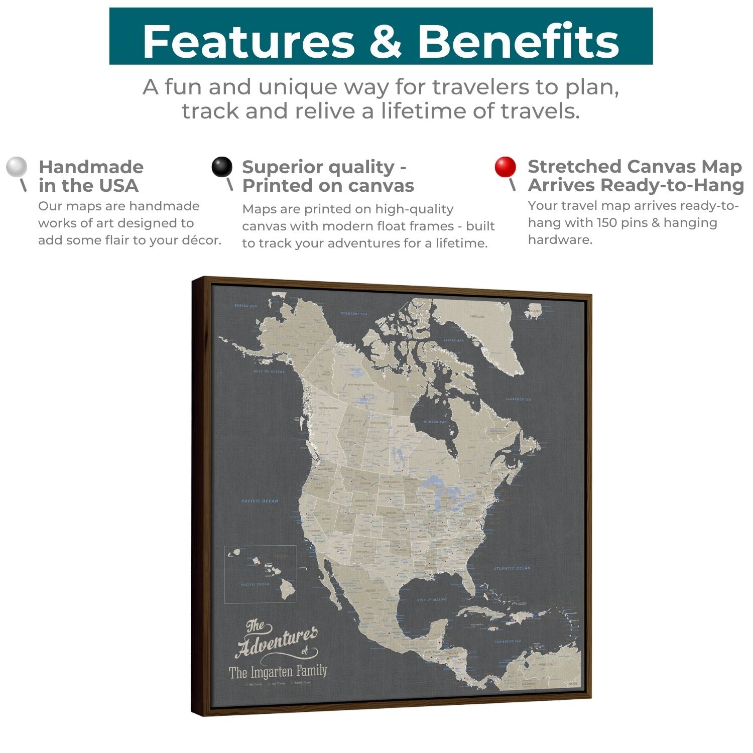 Earth toned North America canvas travel map with pins in brown float frame featuring gray and tan color palette