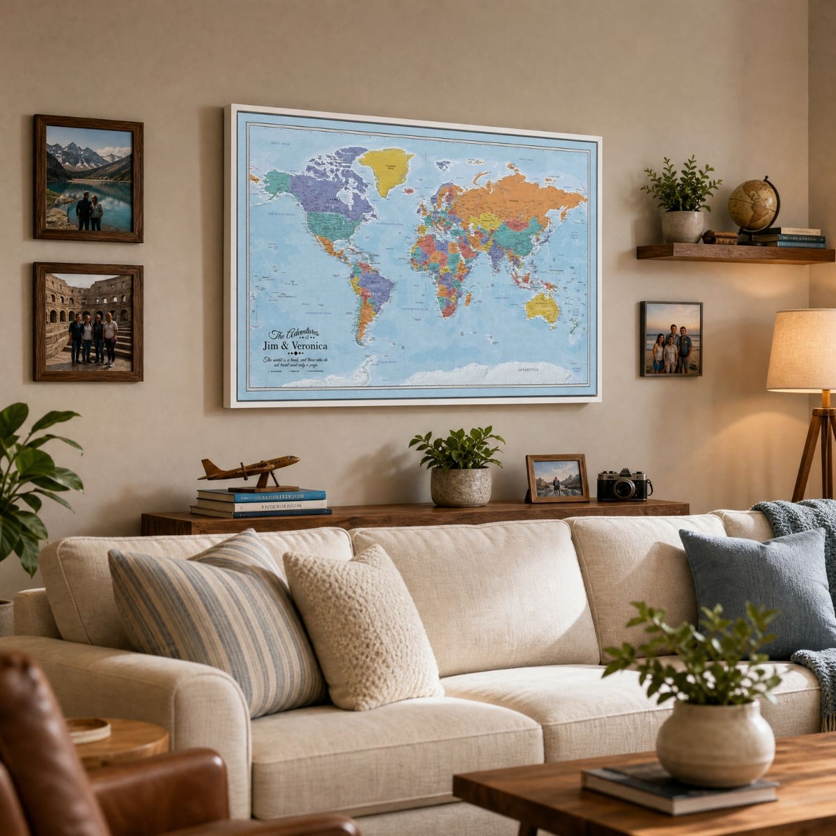 Canvas - Blue Oceans World Travel Map with pins