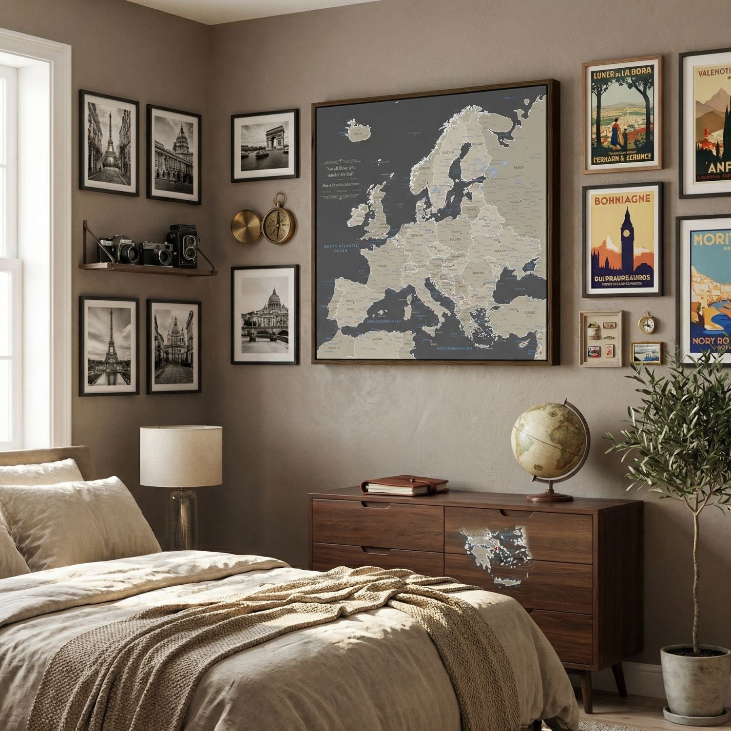 Canvas - Earth Toned Europe Travel Map with Pins - Square