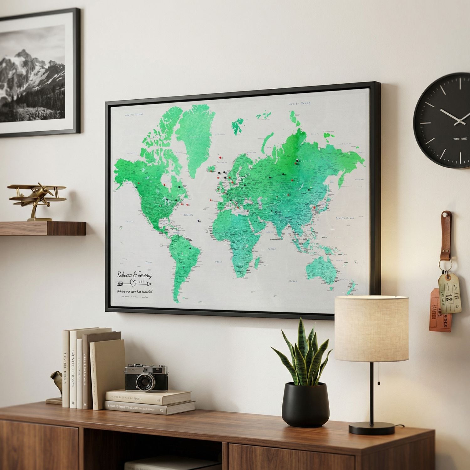 Canvas - Enchanting Emerald Watercolor World Travel Map with pins