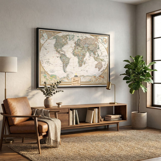 Framed National Geographic executive world travel map with pins displayed above mid-century modern wooden console in cozy living room