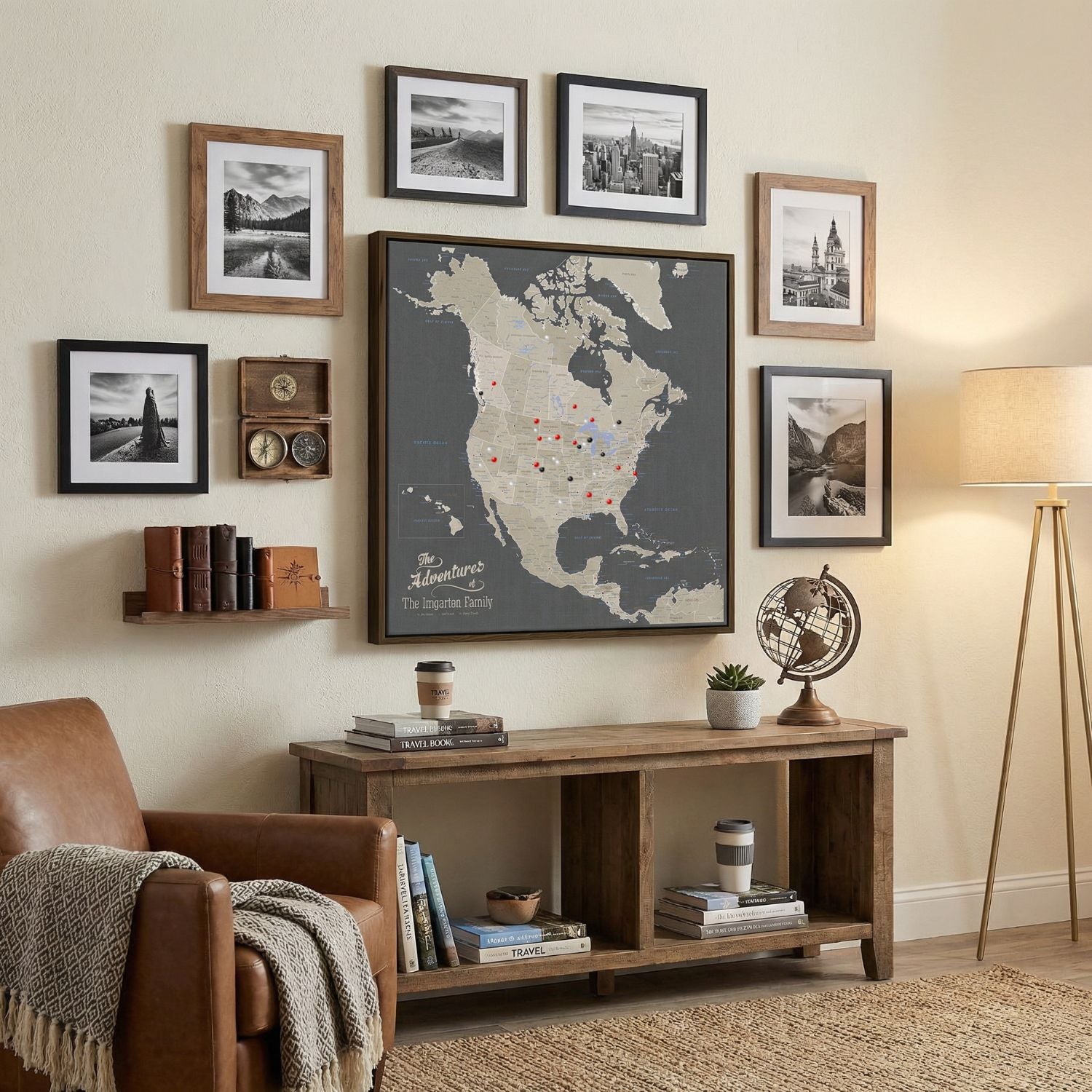 Personalized earth toned North America travel map with pins in dark frame displayed in cozy living room gallery wall