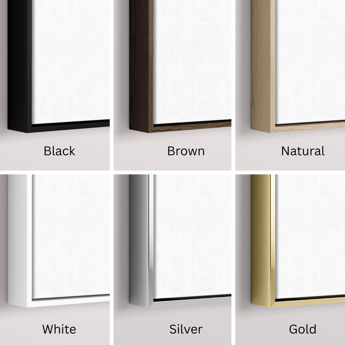 Close-up comparison of six canvas frame color options: black, brown, natural wood, white, silver, and gold