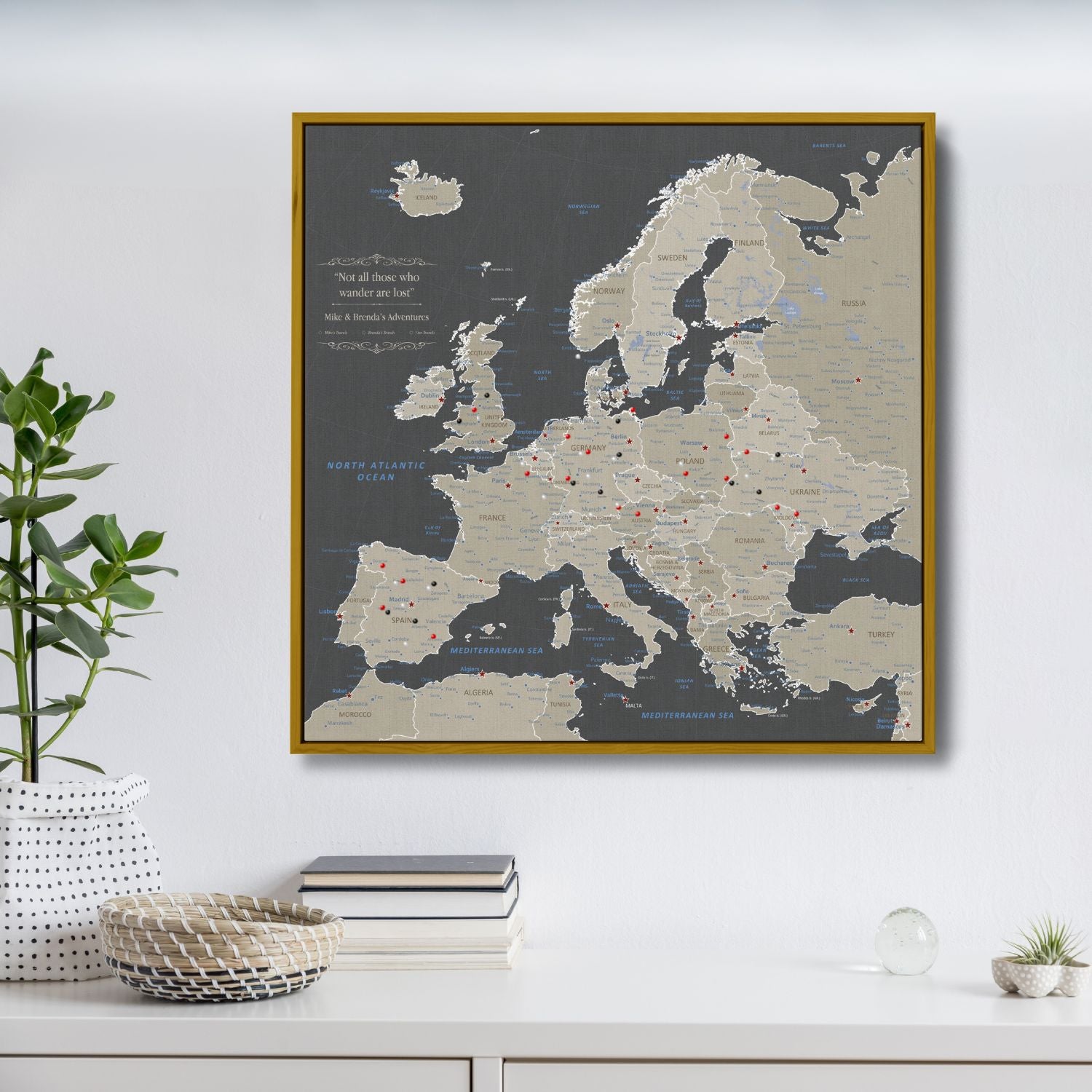 Canvas - Earth Toned Europe Travel Map with Pins - Square