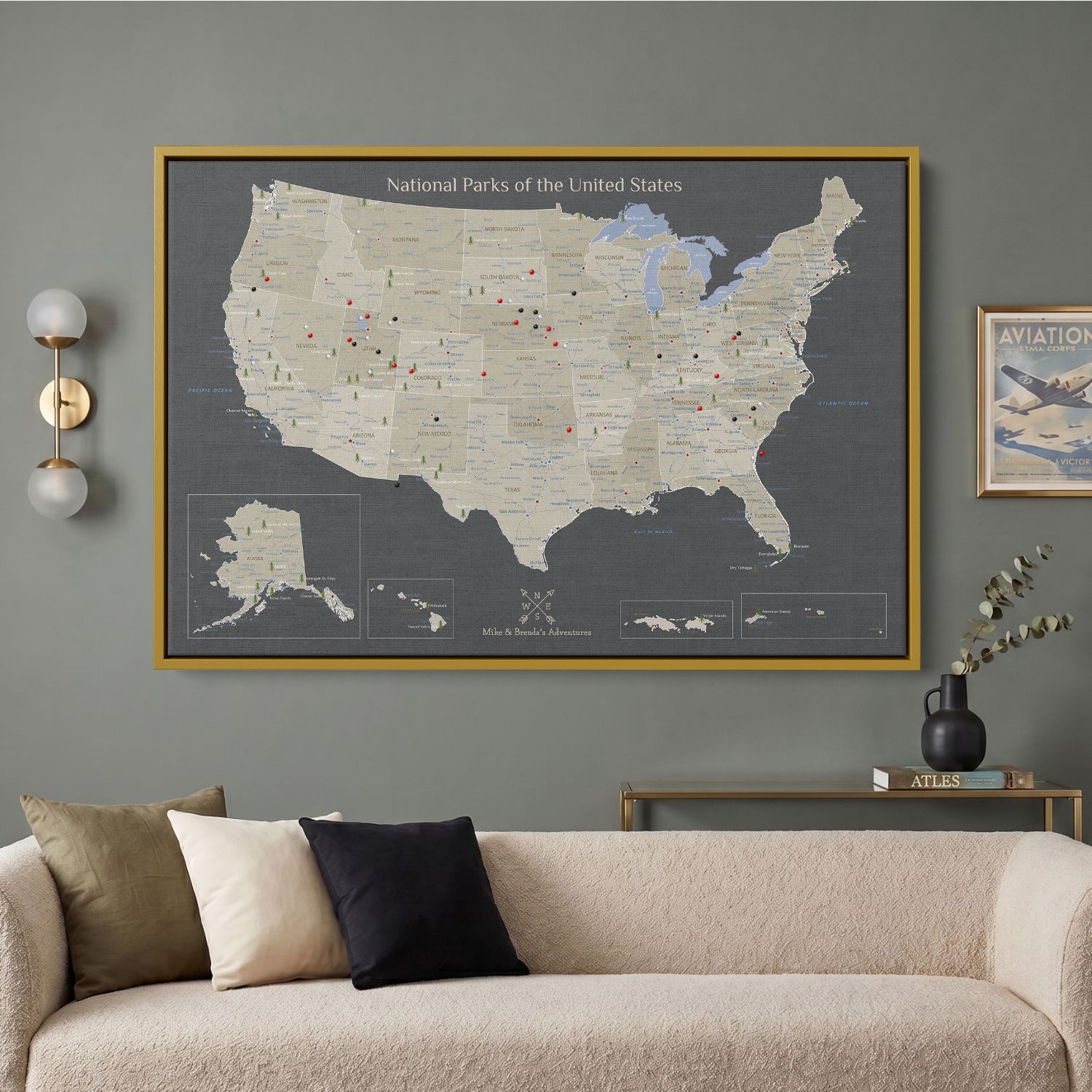 Canvas - Earth Toned National Parks of the USA Travel Map with pins