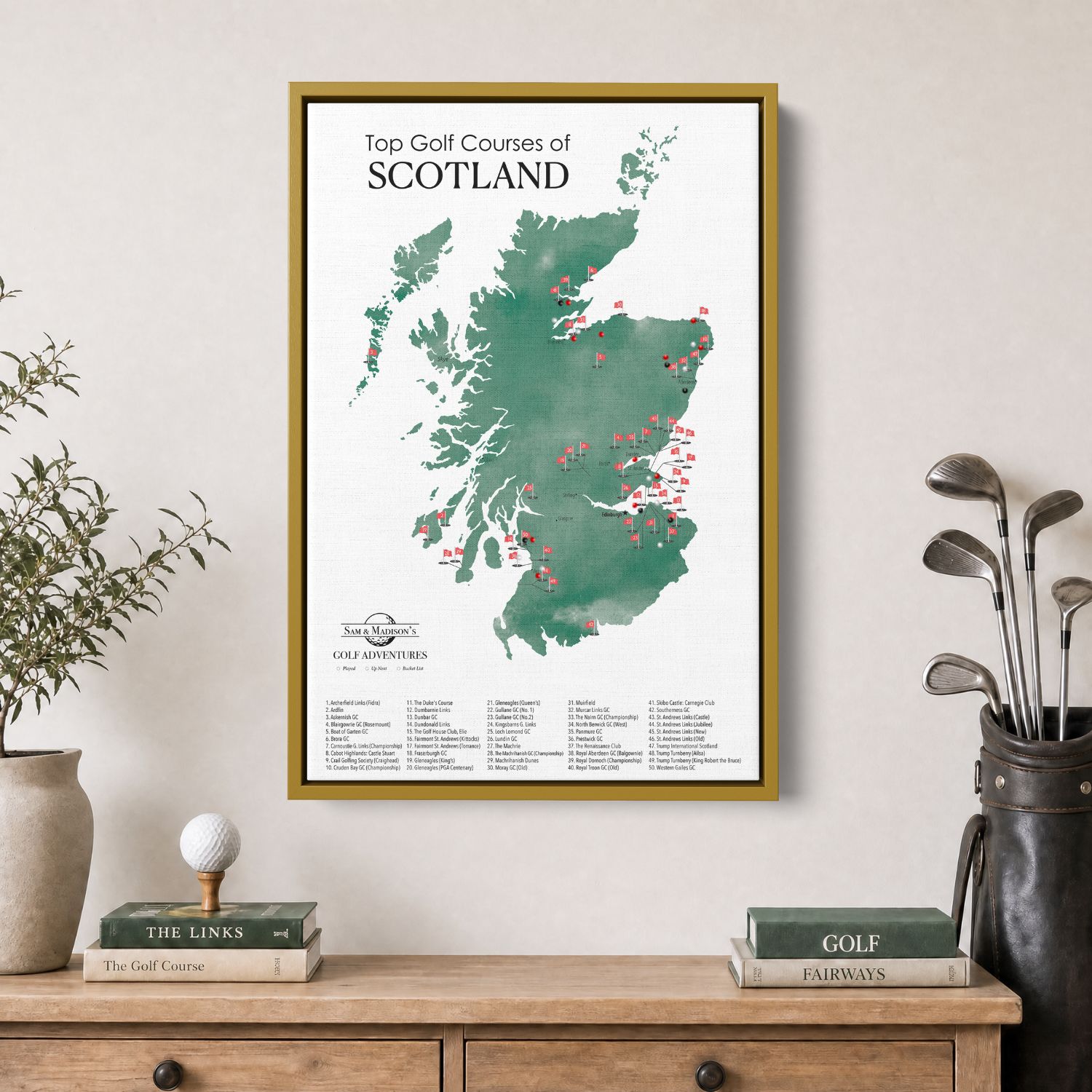 Canvas - Scotland Golf Courses Travel Map with Pins