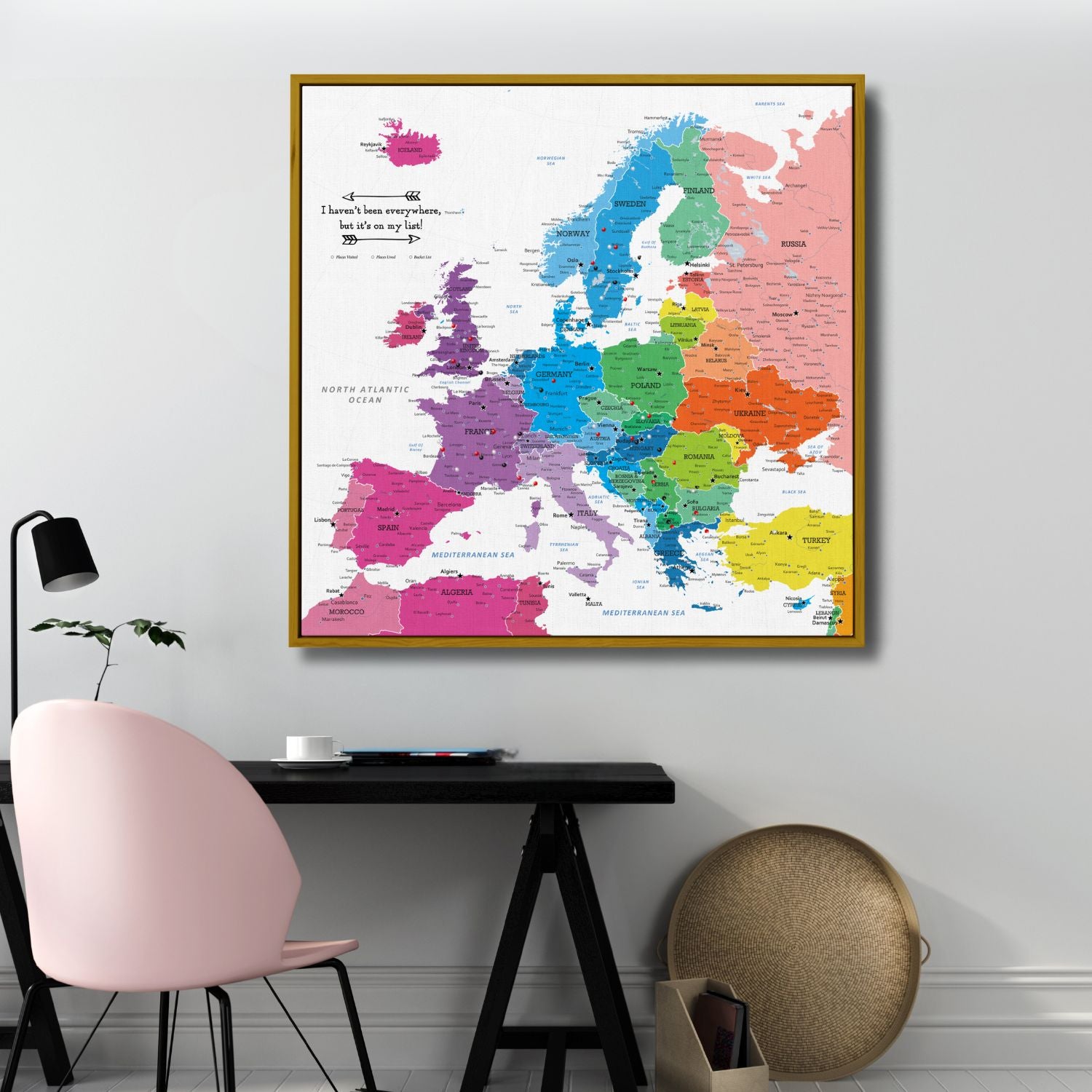 Canvas - Colorful Europe Travel Map with Pins - Square