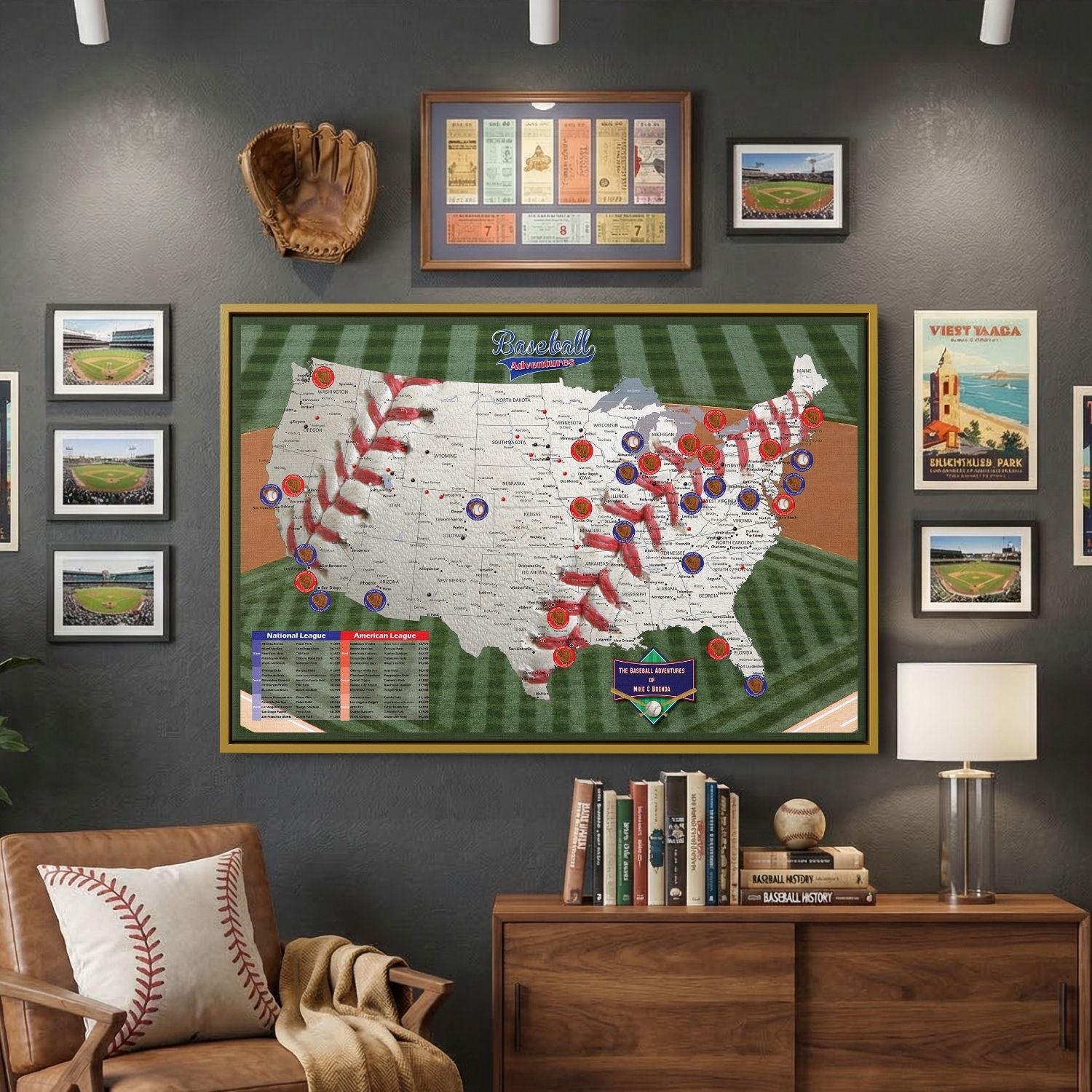 Baseball Adventures push pin travel map canvas displayed in baseball-themed home office with stadium photos and leather chair