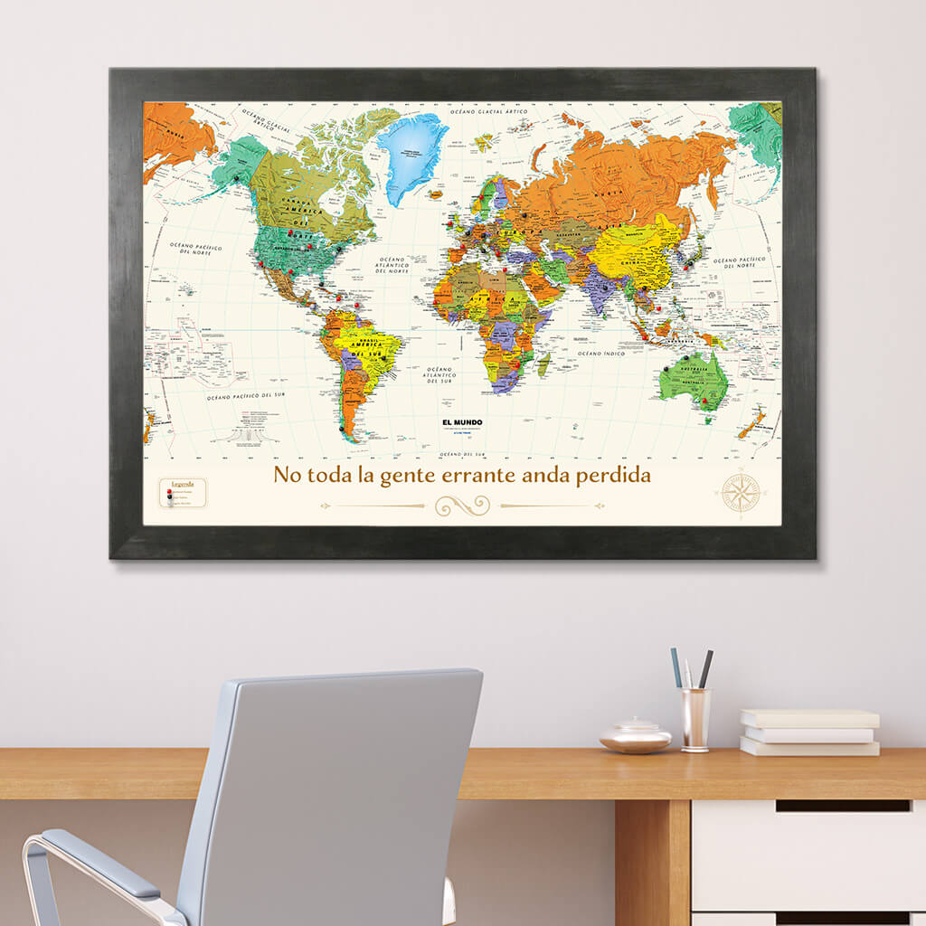 Spanish Contemporary World Map in Rustic Black Frame