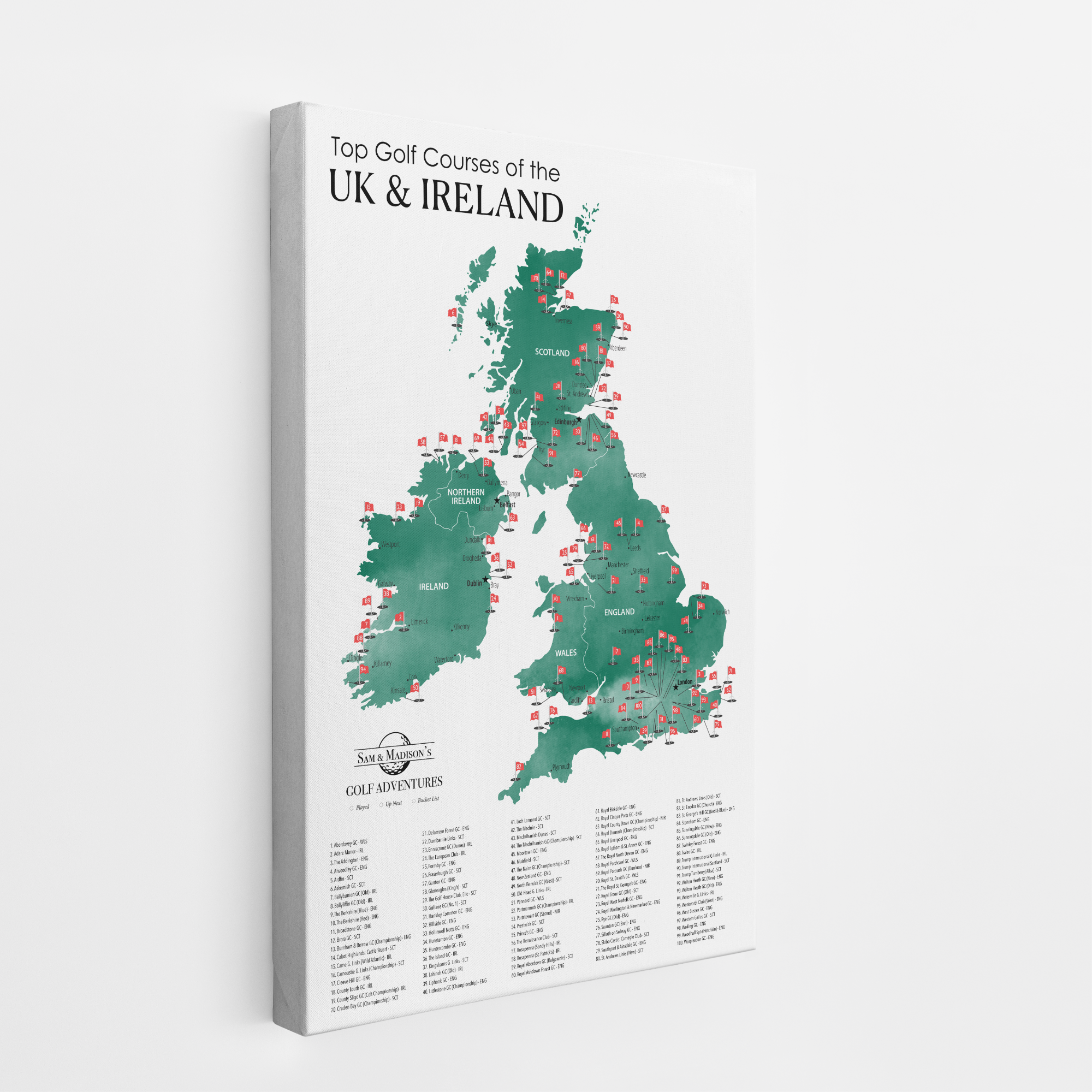 Gallery Wrapped - The UK and Ireland Golf Courses Travel Map with Pins