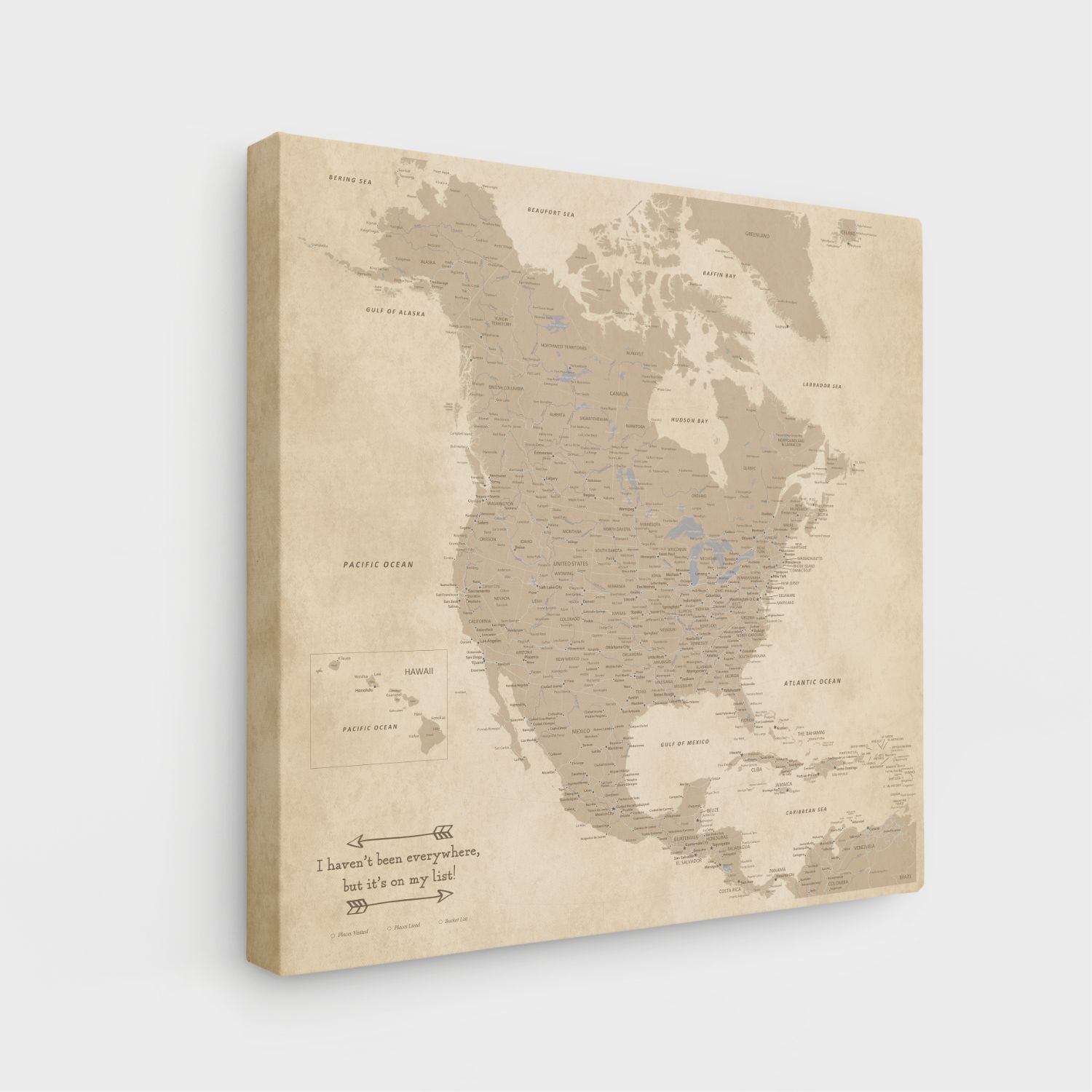 Vintage North America travel map canvas gallery wrap with antique beige tones angled side view