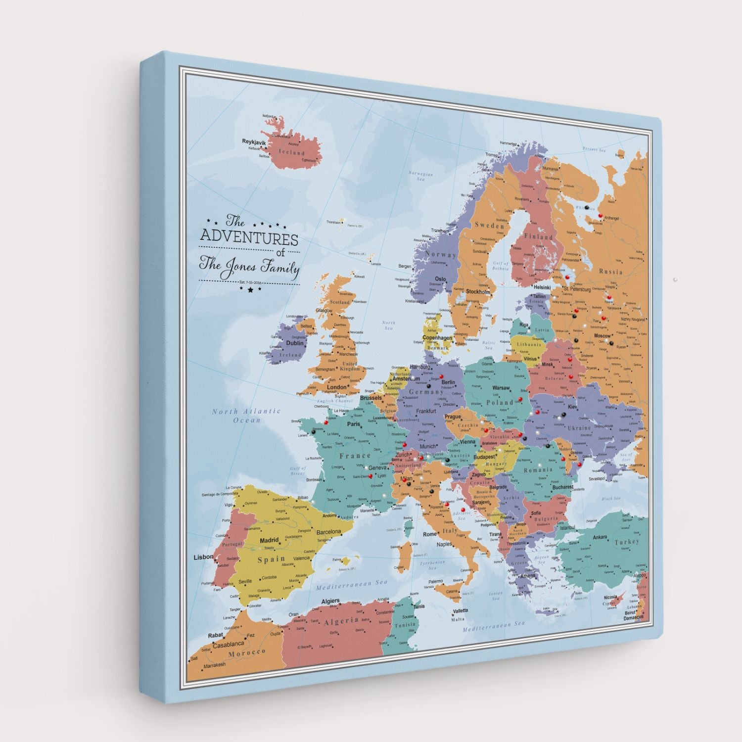 Personalized blue oceans Europe travel map with push pins on gallery wrapped canvas angled view