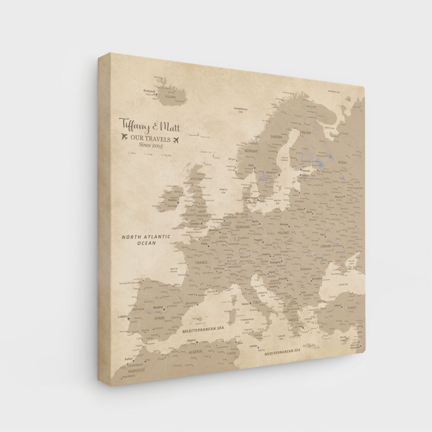 Gallery Wrapped - Vintage Europe Travel Map with Pins - Square Style