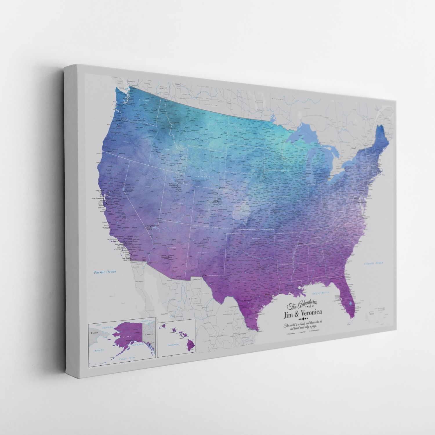 Angled view of gallery wrapped vibrant violet watercolor USA push pin map canvas with purple blue gradient states