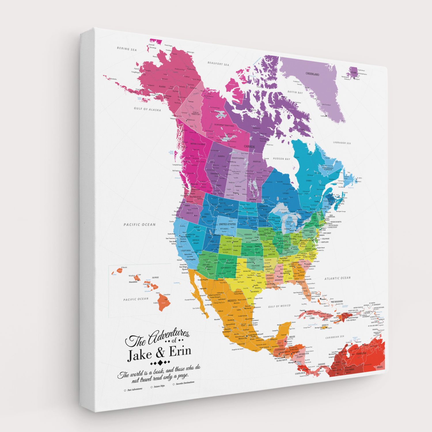 Gallery Wrapped - Colorful North America Travel Map with pins