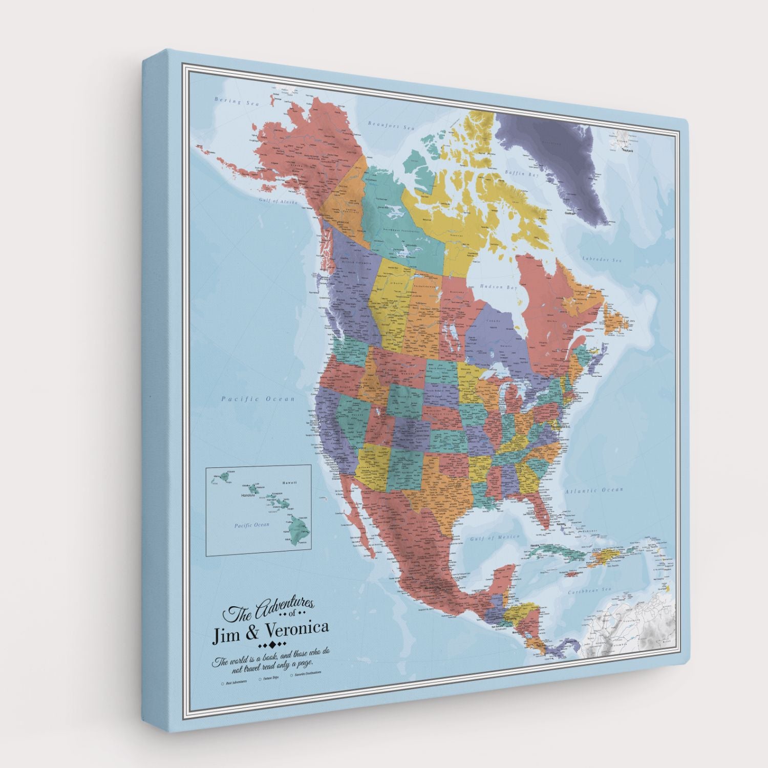 Gallery Wrapped - Blue Oceans North America Travel Map with pins
