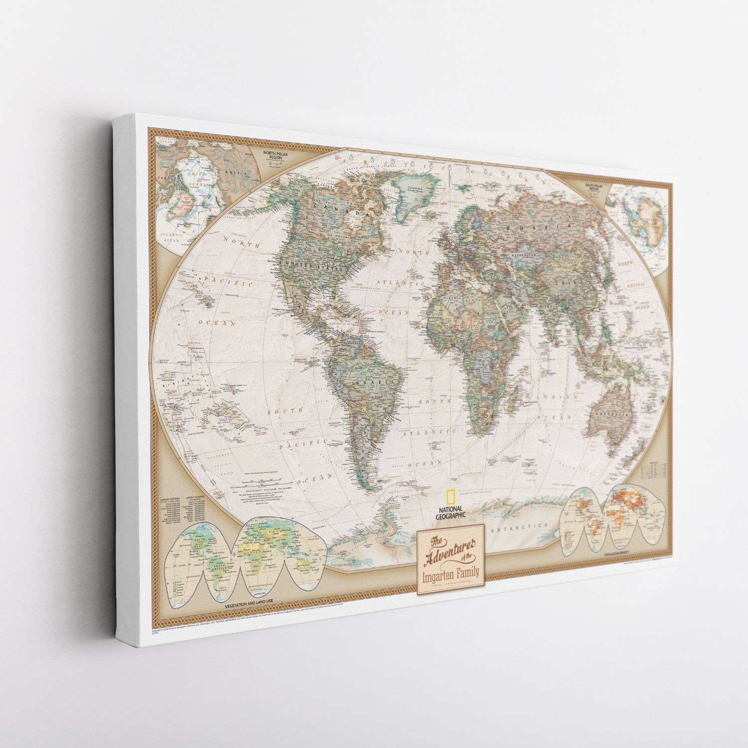 Personalized National Geographic Executive World Travel Map canvas gallery wrap with antique-style cartography, displayed at angle on white wall