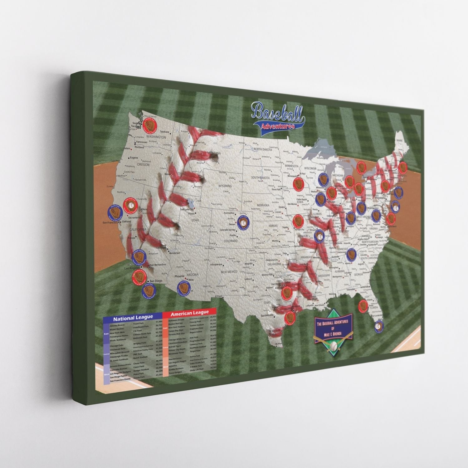 Gallery wrapped canvas Baseball Adventures travel map with MLB stadium pins on USA map, angled view