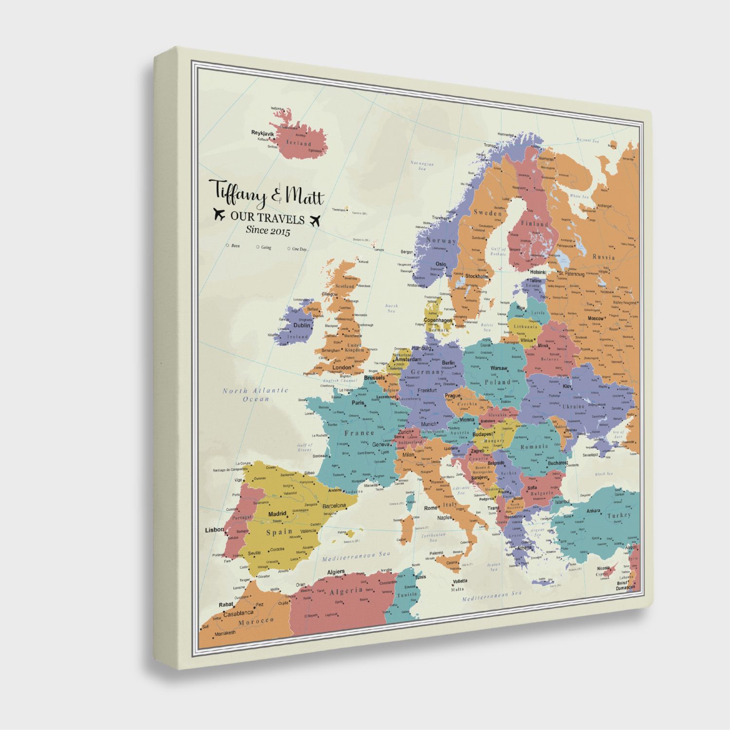 Gallery Wrapped - Tan Oceans Europe Travel Map with Pins - Square Style
