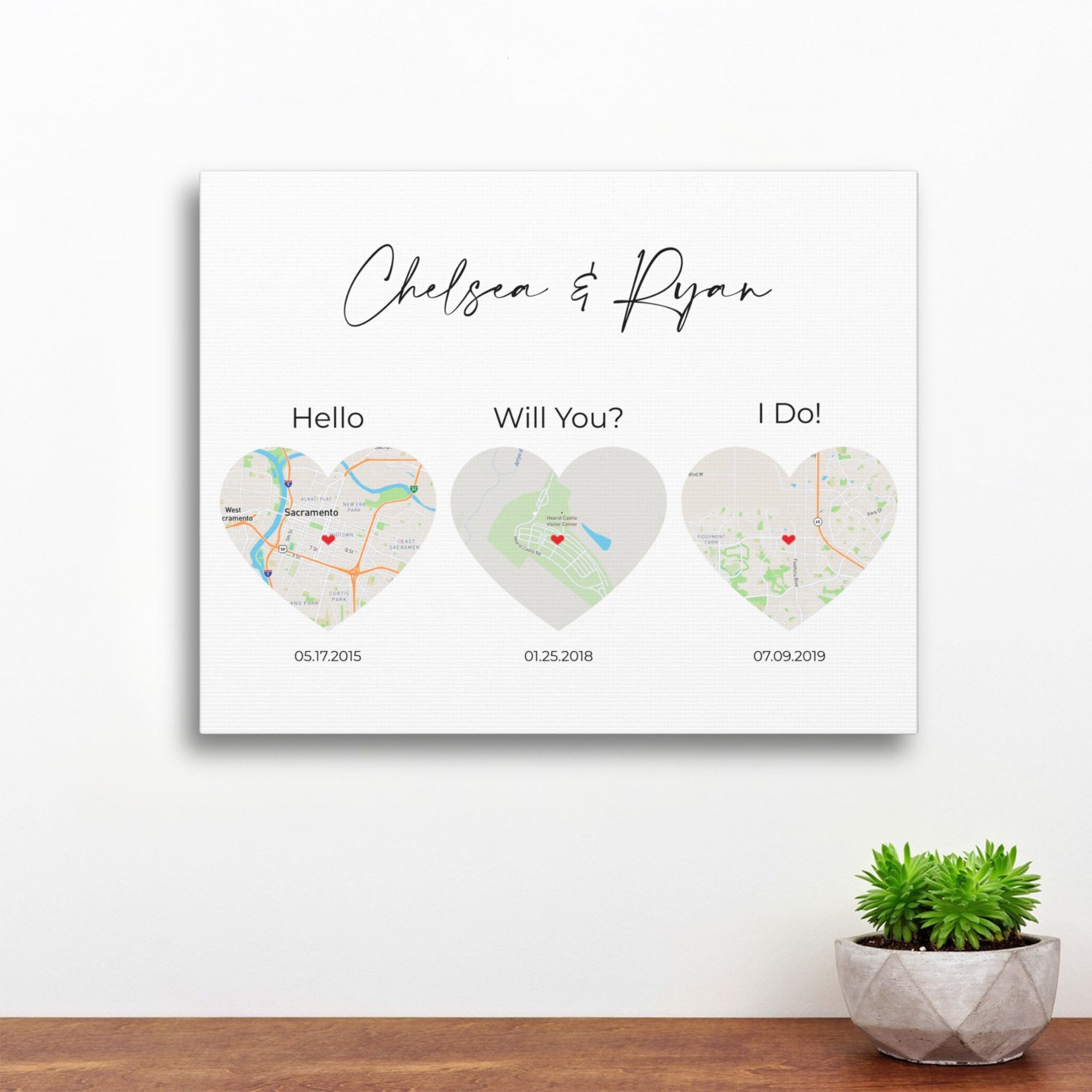 3 Heart Map Art | Where We Met Map | Hello, Will You, I Do | Option 1