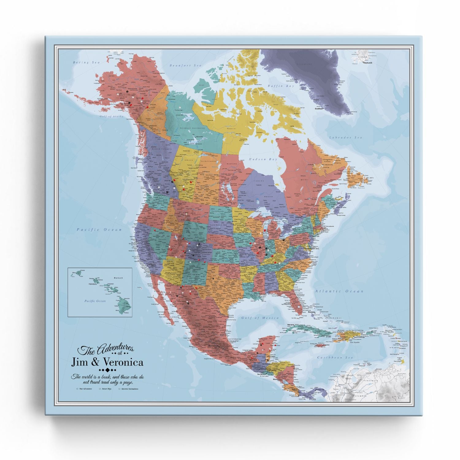 Gallery Wrapped - Blue Oceans North America Travel Map with pins