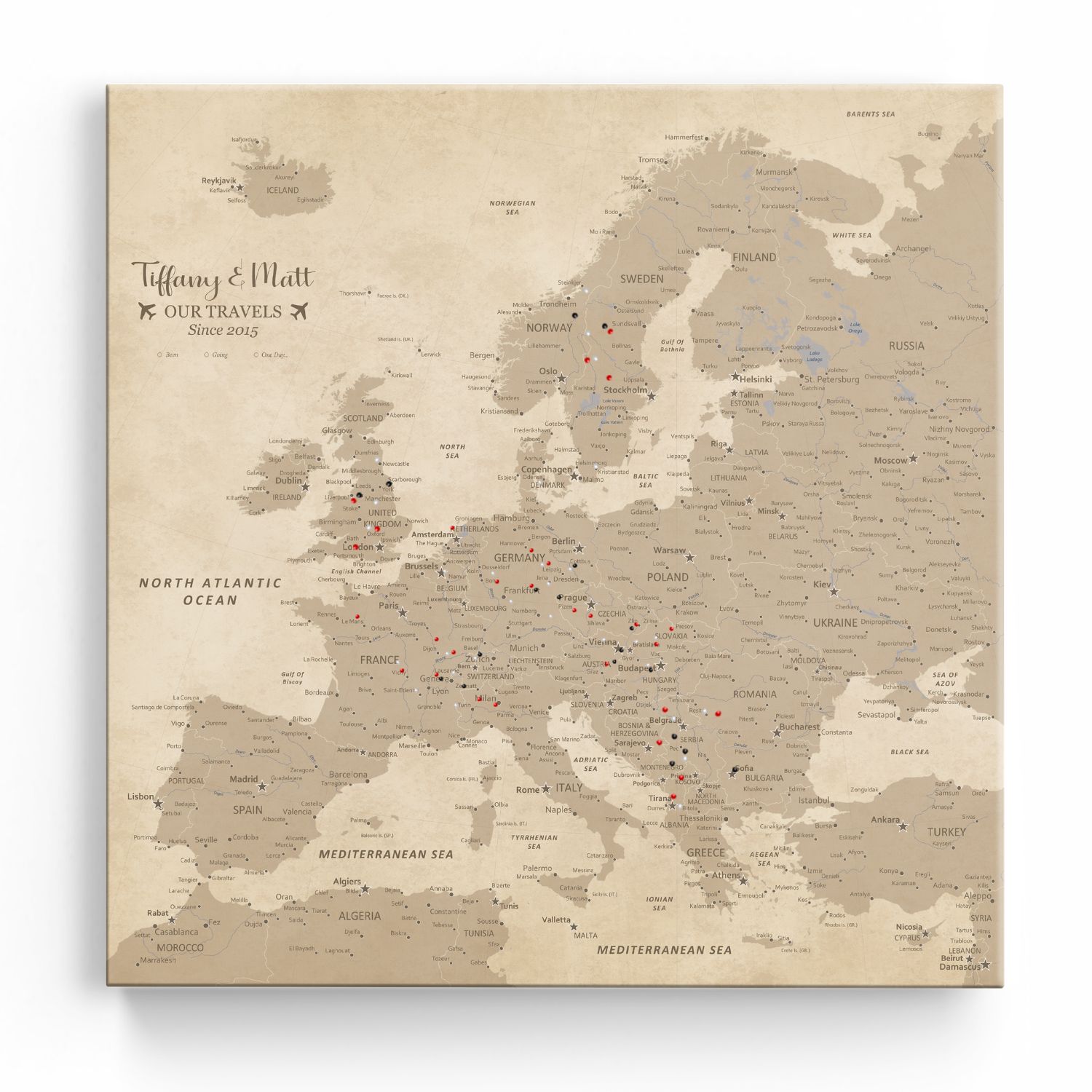 Gallery Wrapped - Vintage Europe Travel Map with Pins - Square Style