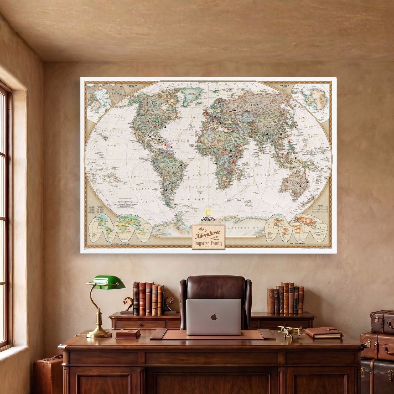 Personalized Gallery Wrap National Geographic executive world travel map with pins mounted above desk