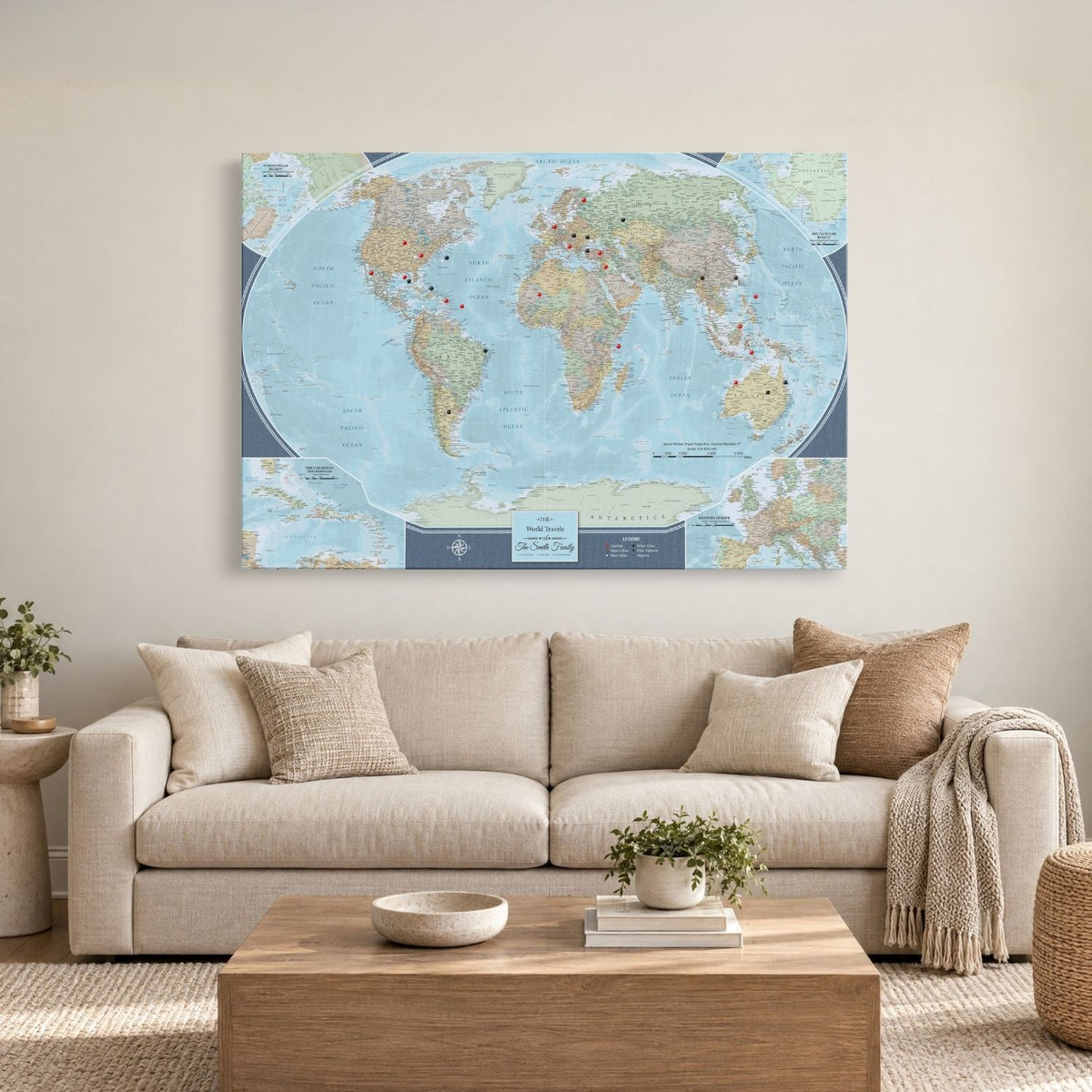 Gallery Wrapped - Signature World Travel Map with pins - Stretched Canvas