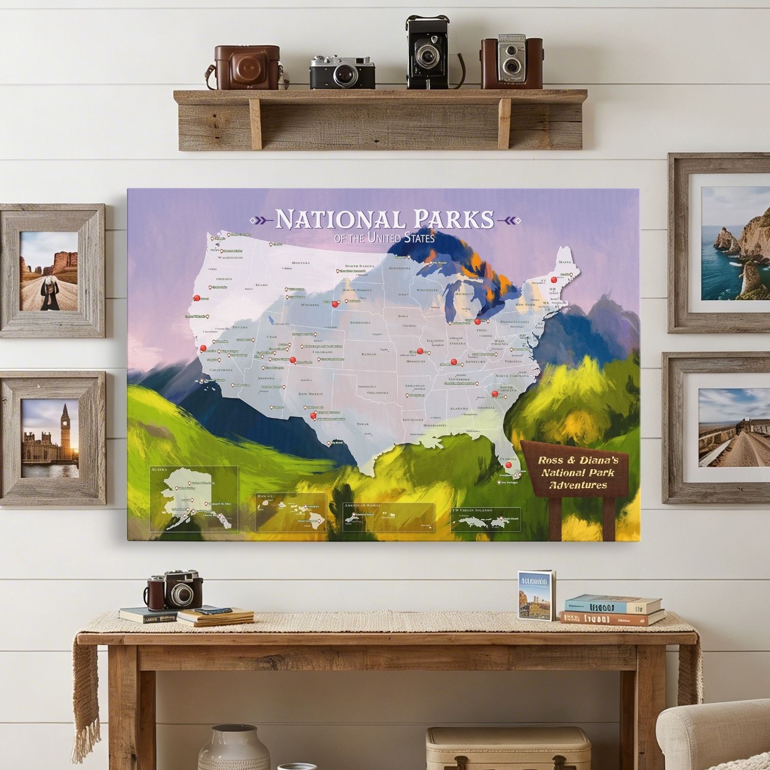 Gallery Wrapped - National Parks Watercolor Travel Map with pins