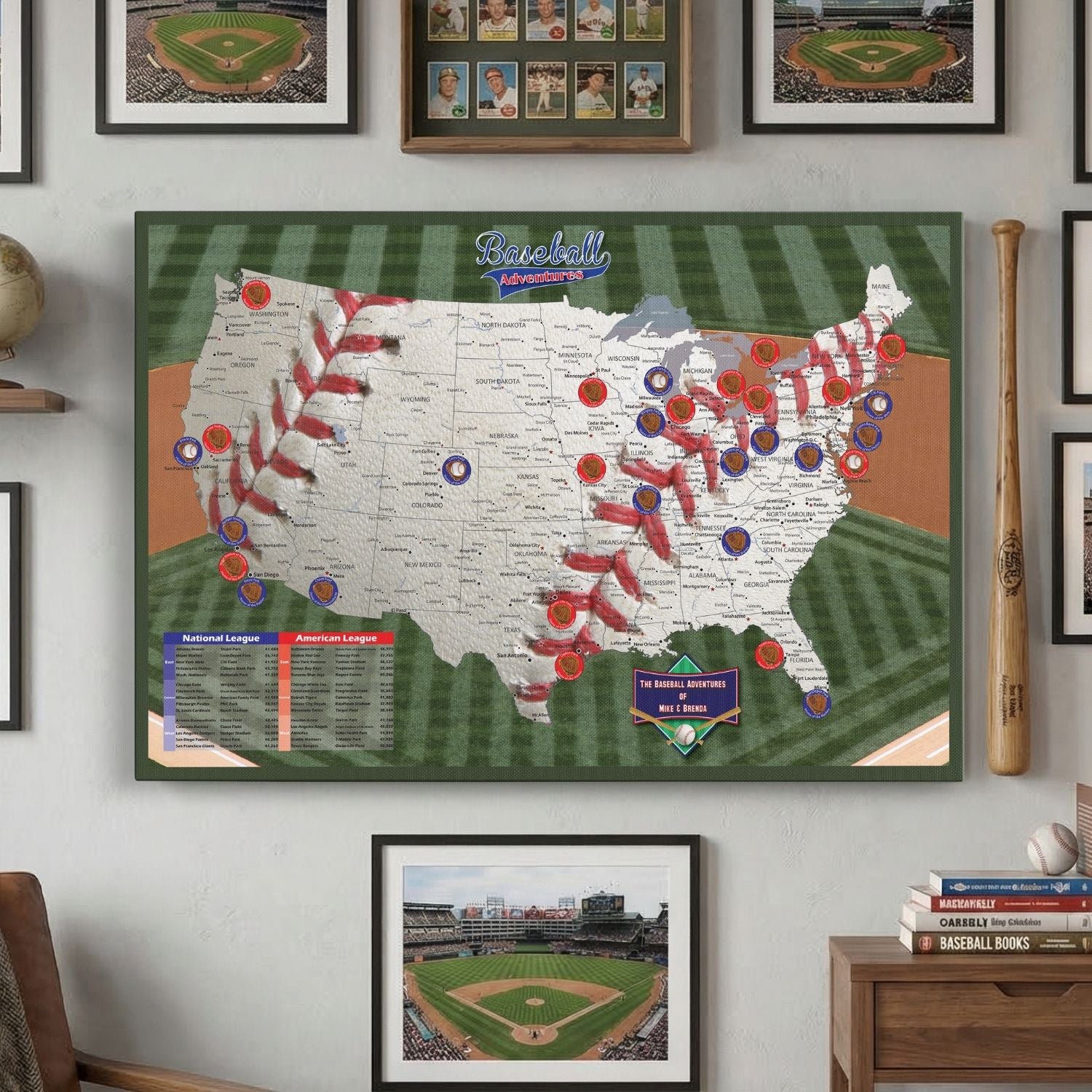 Canvas Baseball Field Pin Map | Checklist of Major League Baseball