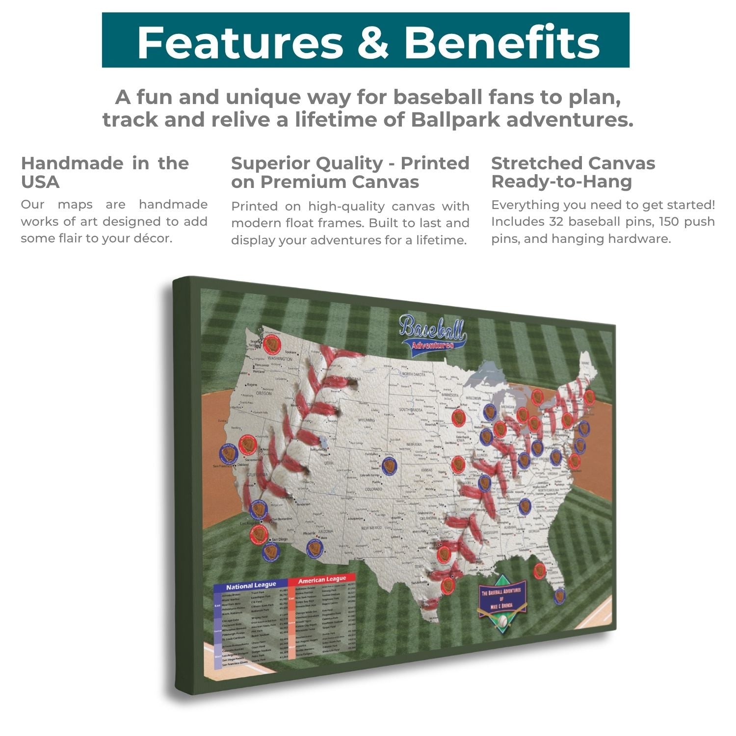 Baseball Adventures push pin travel map canvas features benefits infographic showing USA ballpark tracking map with pins