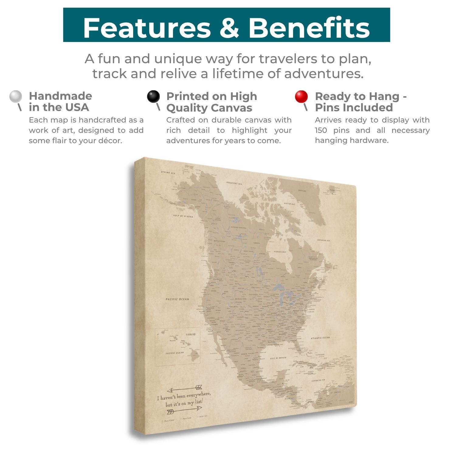 Vintage North America canvas push pin travel map features and benefits infographic angled view