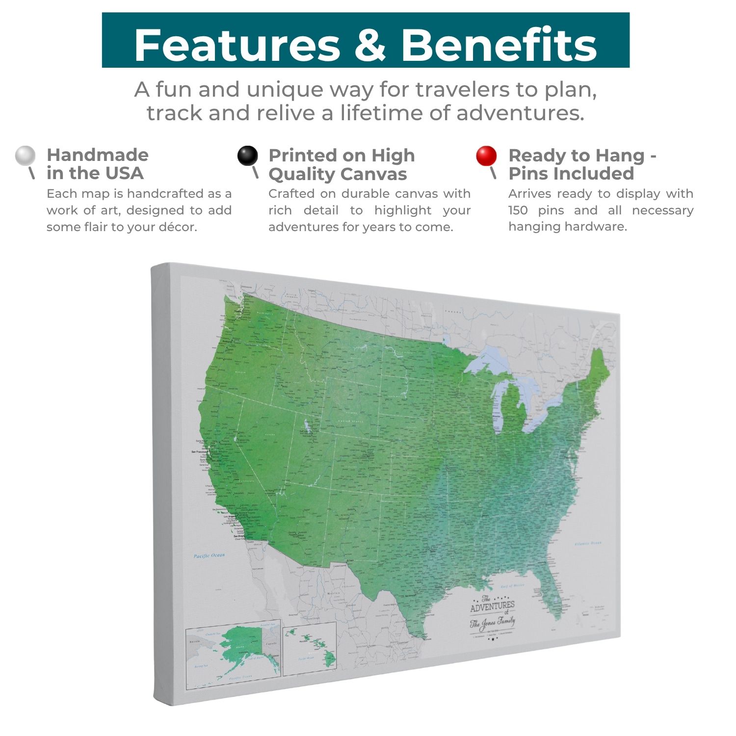 Gallery Wrapped - Enchanting Emerald Watercolor US Travel Map with pins