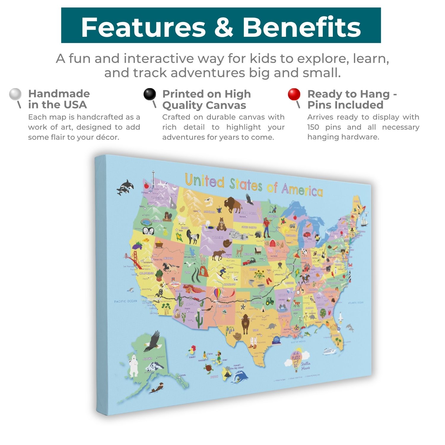 Gallery Wrapped - Kids USA Travel Map with pins