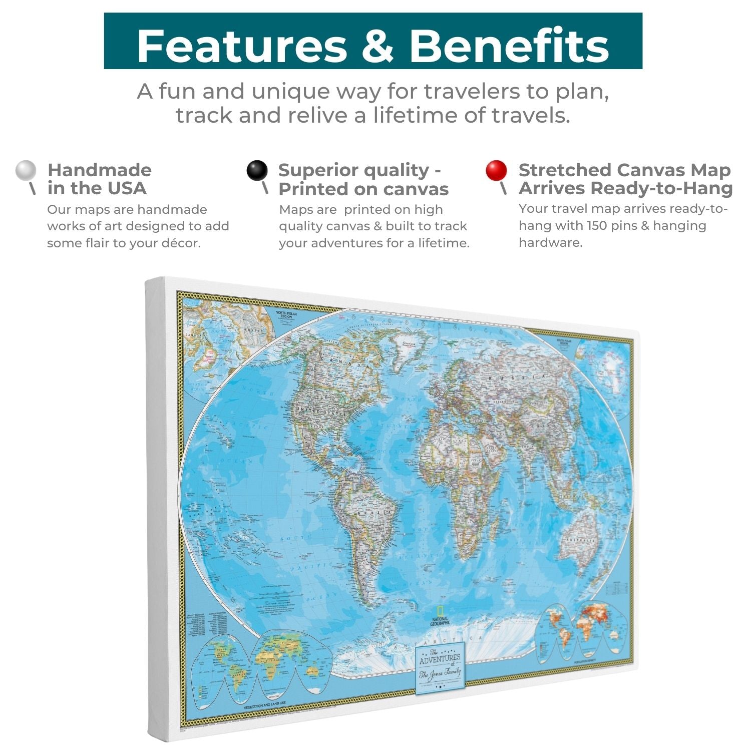 Features and benefits infographic of Classic World Travel Map gallery wrapped canvas with pins