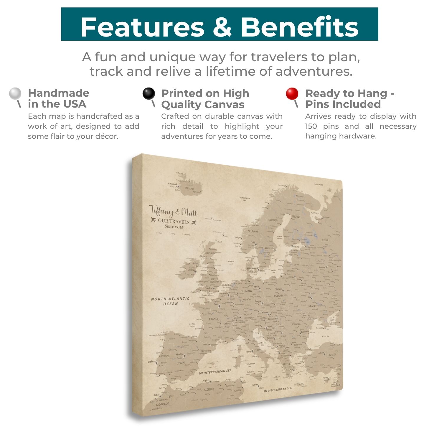 Gallery Wrapped - Vintage Europe Travel Map with Pins - Square Style