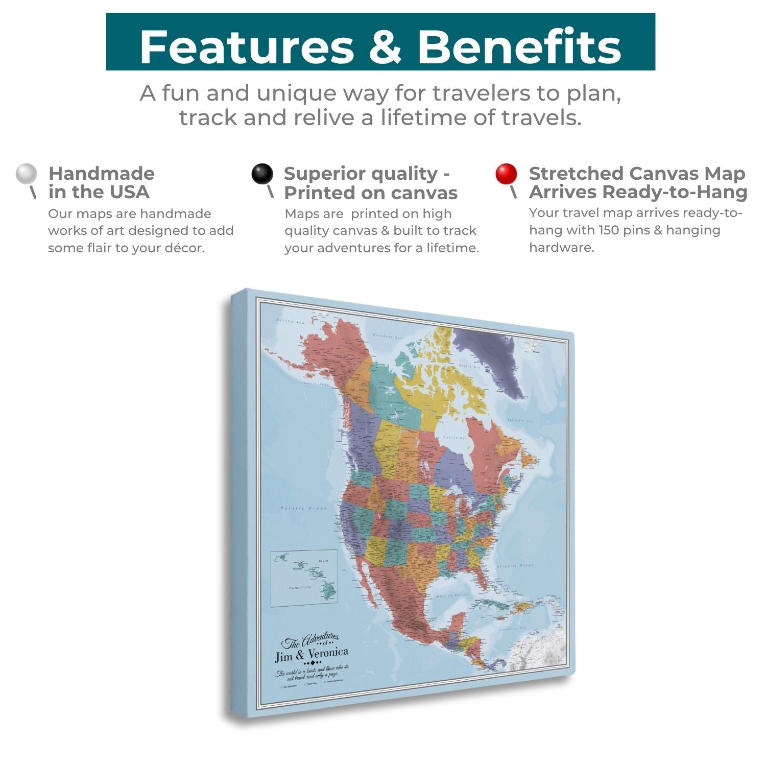 Gallery Wrapped - Blue Oceans North America Travel Map with pins