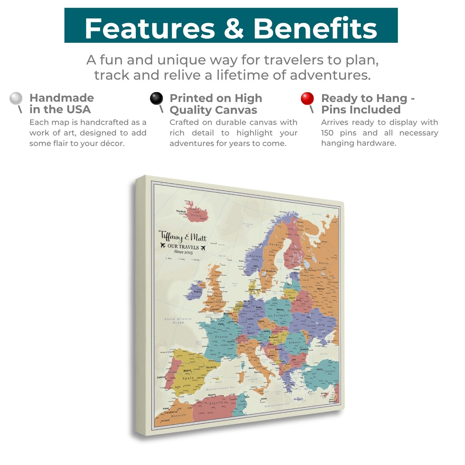 Gallery Wrapped - Tan Oceans Europe Travel Map with Pins - Square Style