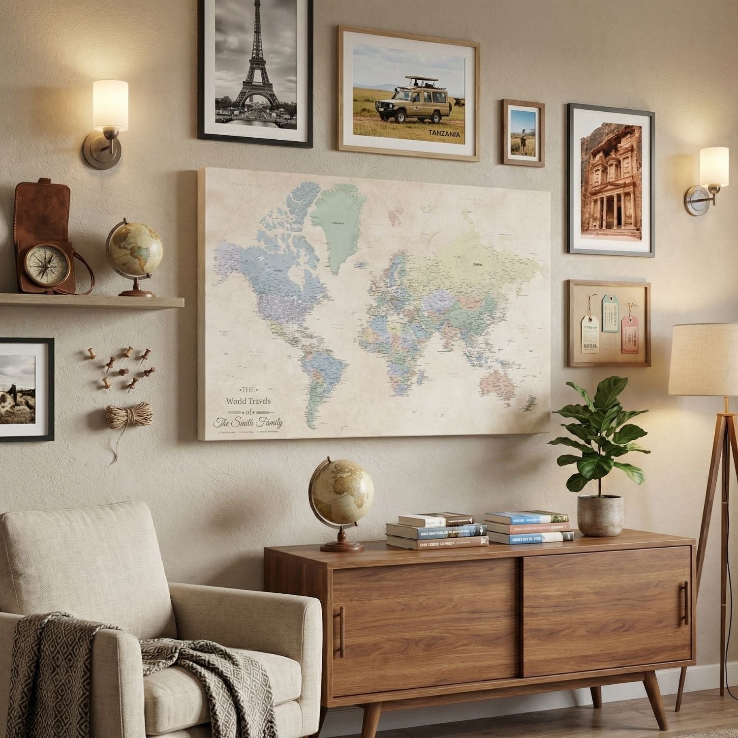 Gallery Wrap push pin map in multi pastel colors and vintage background on wall in living room.