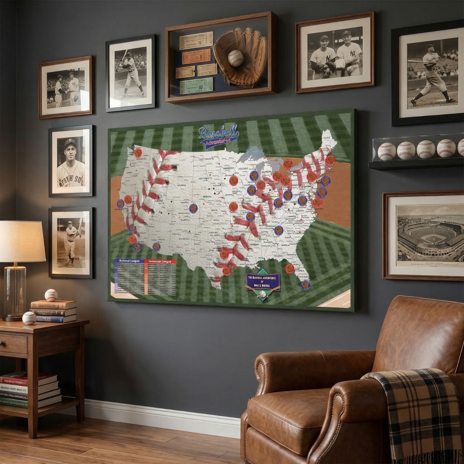Baseball Adventures travel map with pins displayed in sports memorabilia room beside leather armchair