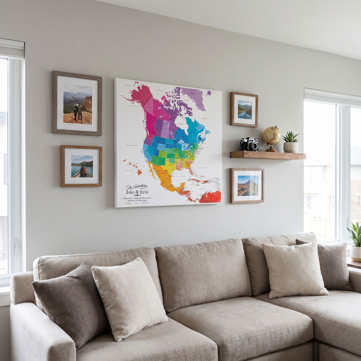 Gallery Wrapped - Colorful North America Travel Map with pins