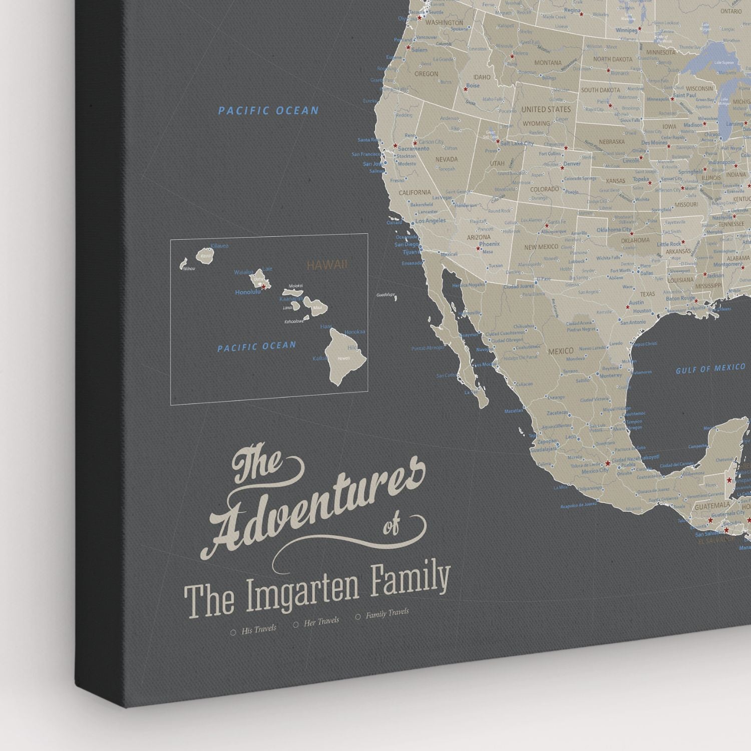 Personalized earth toned North America travel map on gallery wrapped canvas with custom family name and Hawaii inset