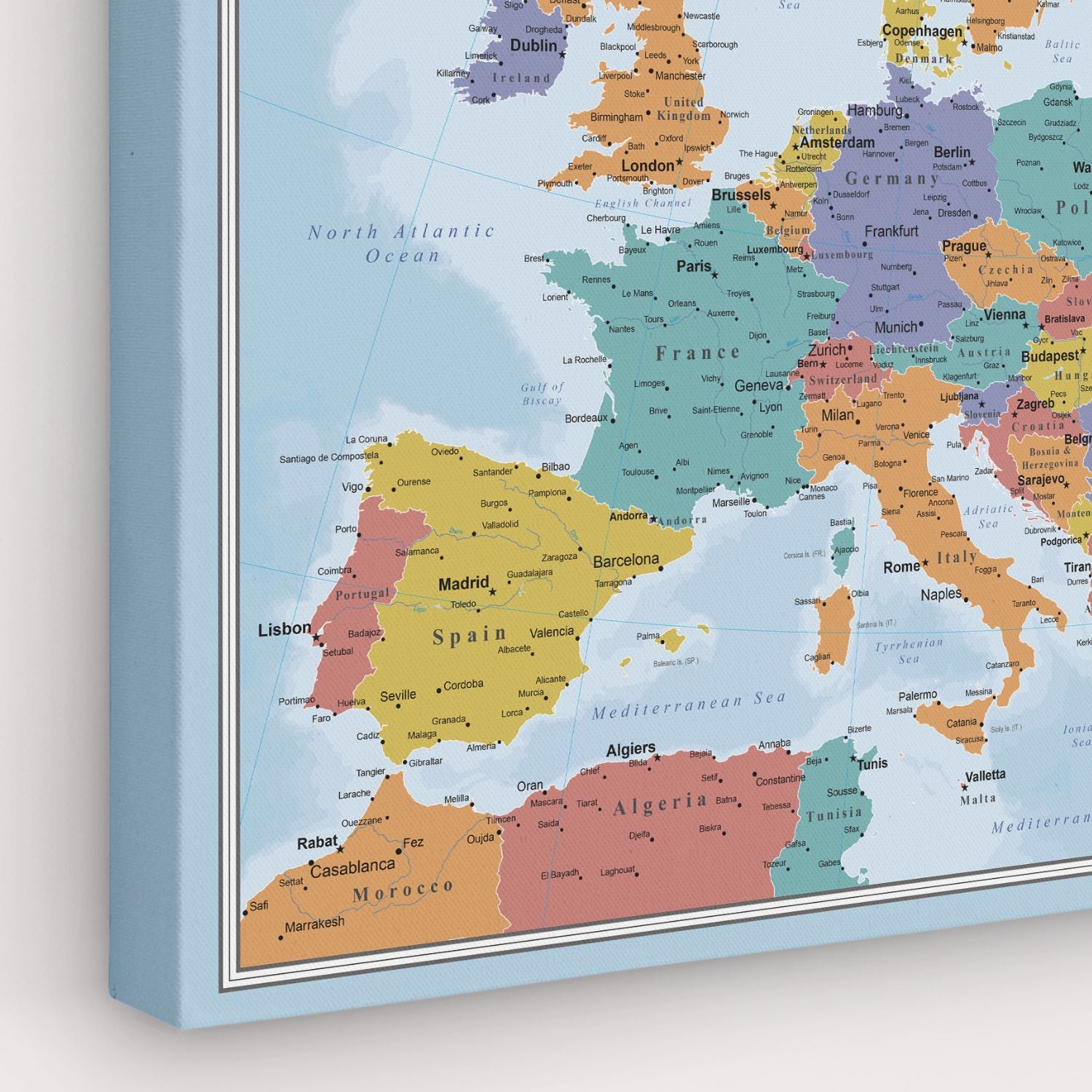 Blue Oceans Europe travel map on gallery wrapped canvas showing color-coded countries, cities, and Mediterranean region