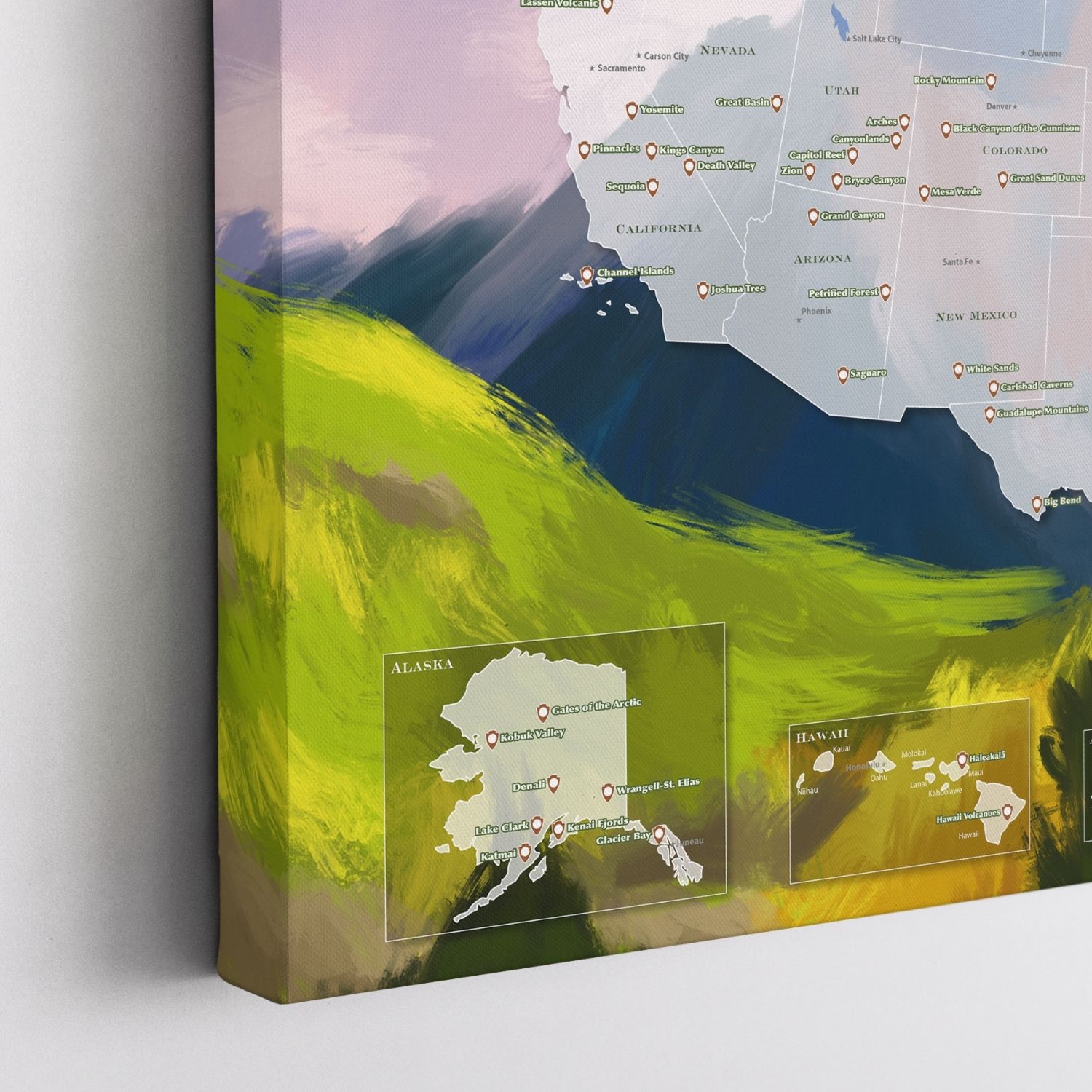 Gallery Wrapped - National Parks Watercolor Travel Map with pins