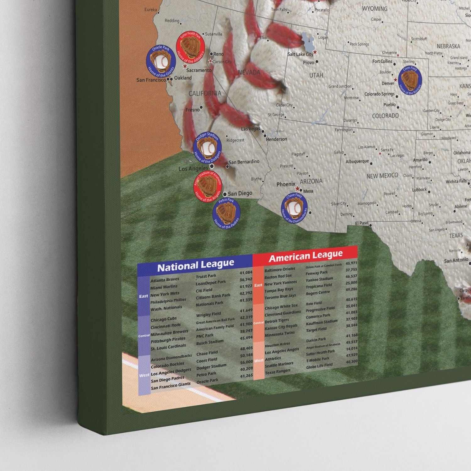 Gallery wrapped canvas baseball stadium travel map showing MLB ballparks across western US states with National League and American League reference table