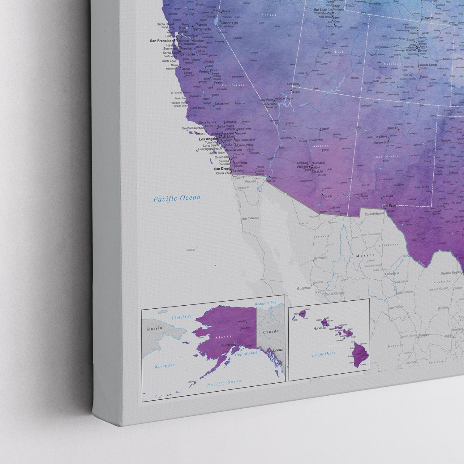Angled corner view of vibrant violet watercolor USA push pin map canvas showing western states detail