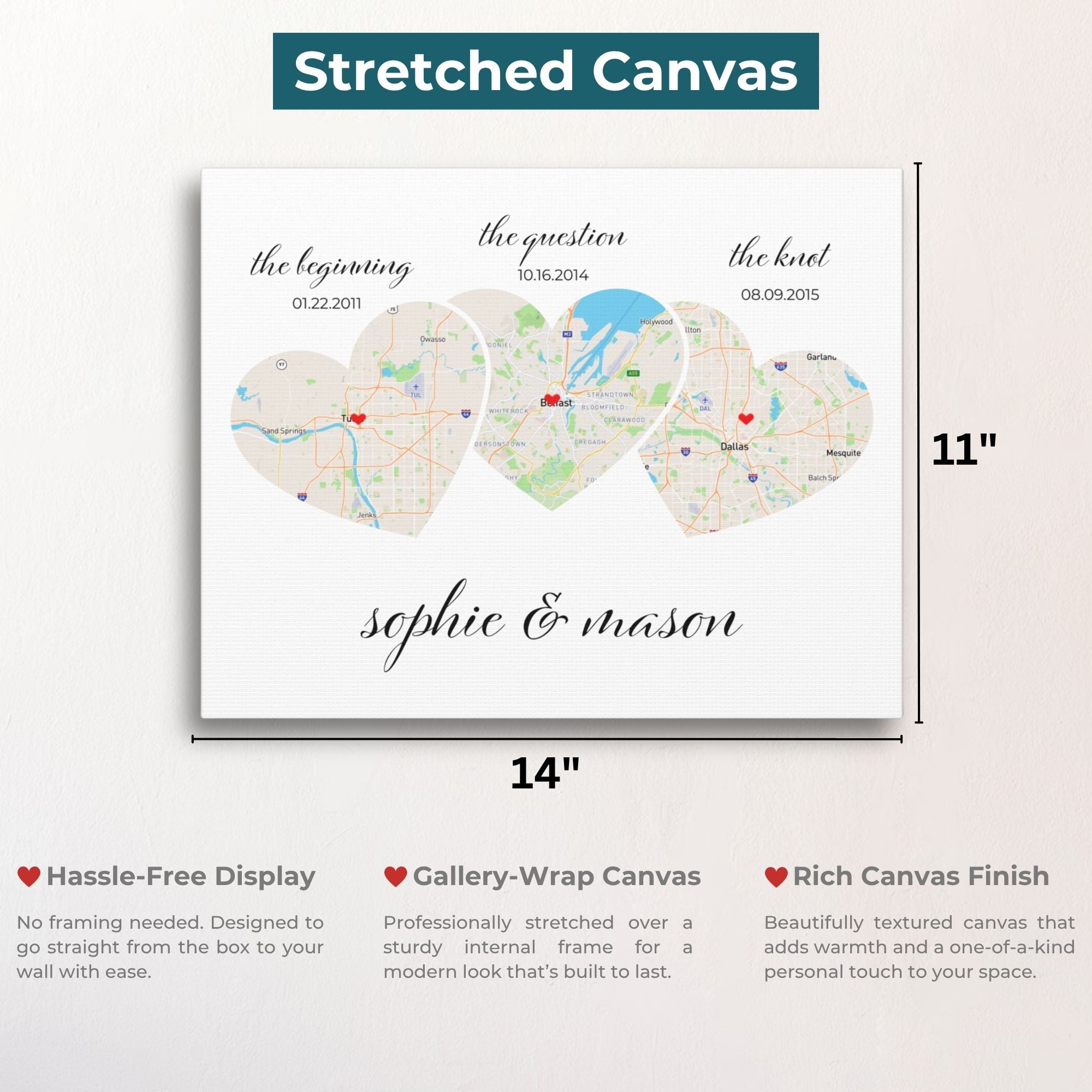 Relationship Map Wall Art | 3 Heart Couple Map | Option 2