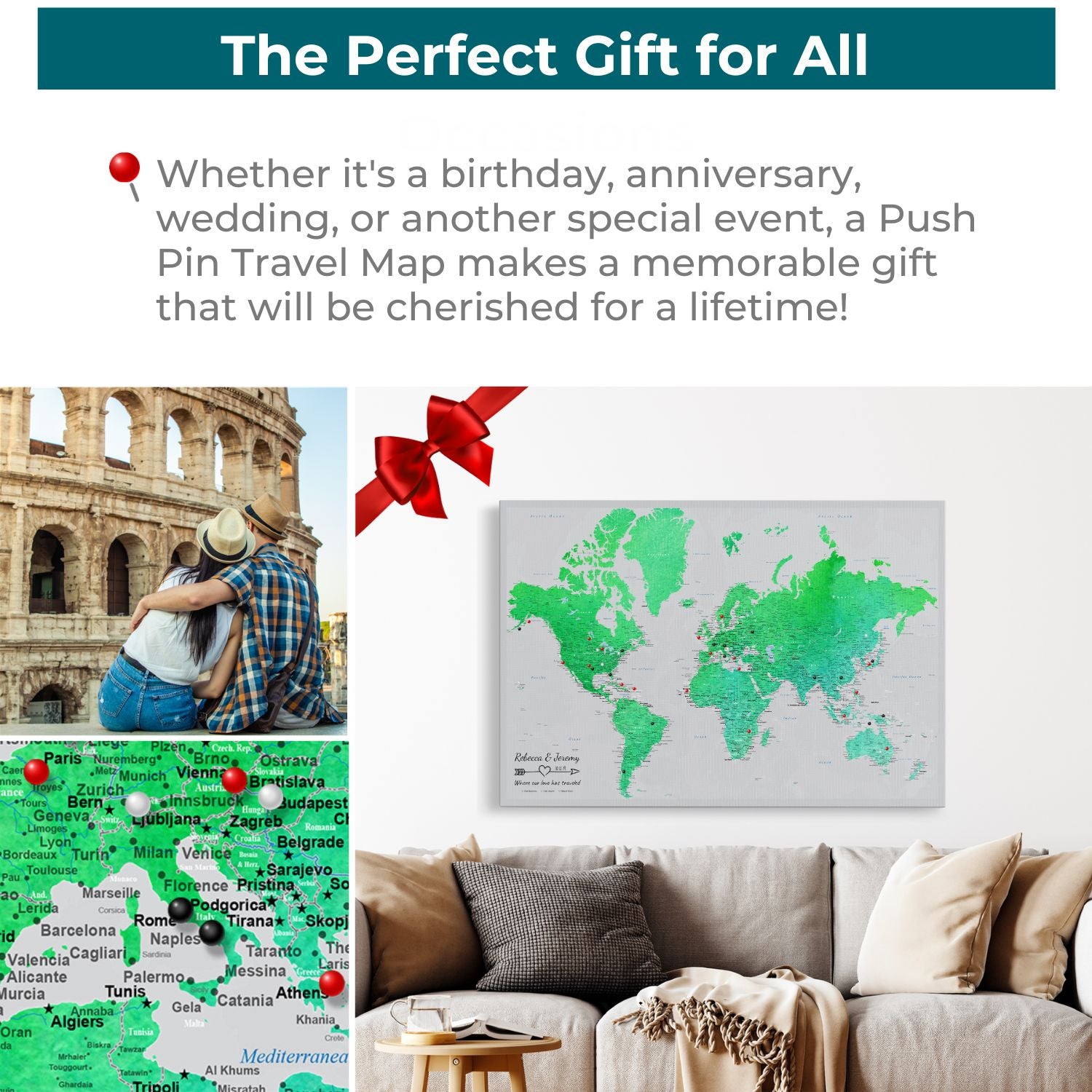 Canvas - Enchanting Emerald Watercolor World Travel Map with pins
