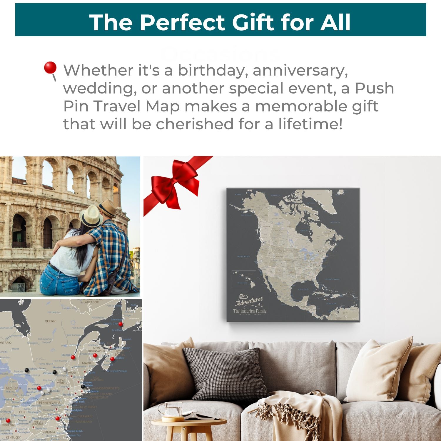 Personalized earth toned North America push pin travel map on canvas displayed above couch as gift idea