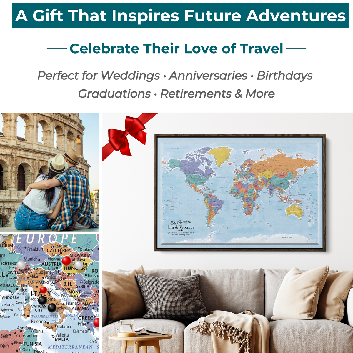 Canvas - Blue Oceans World Travel Map with pins